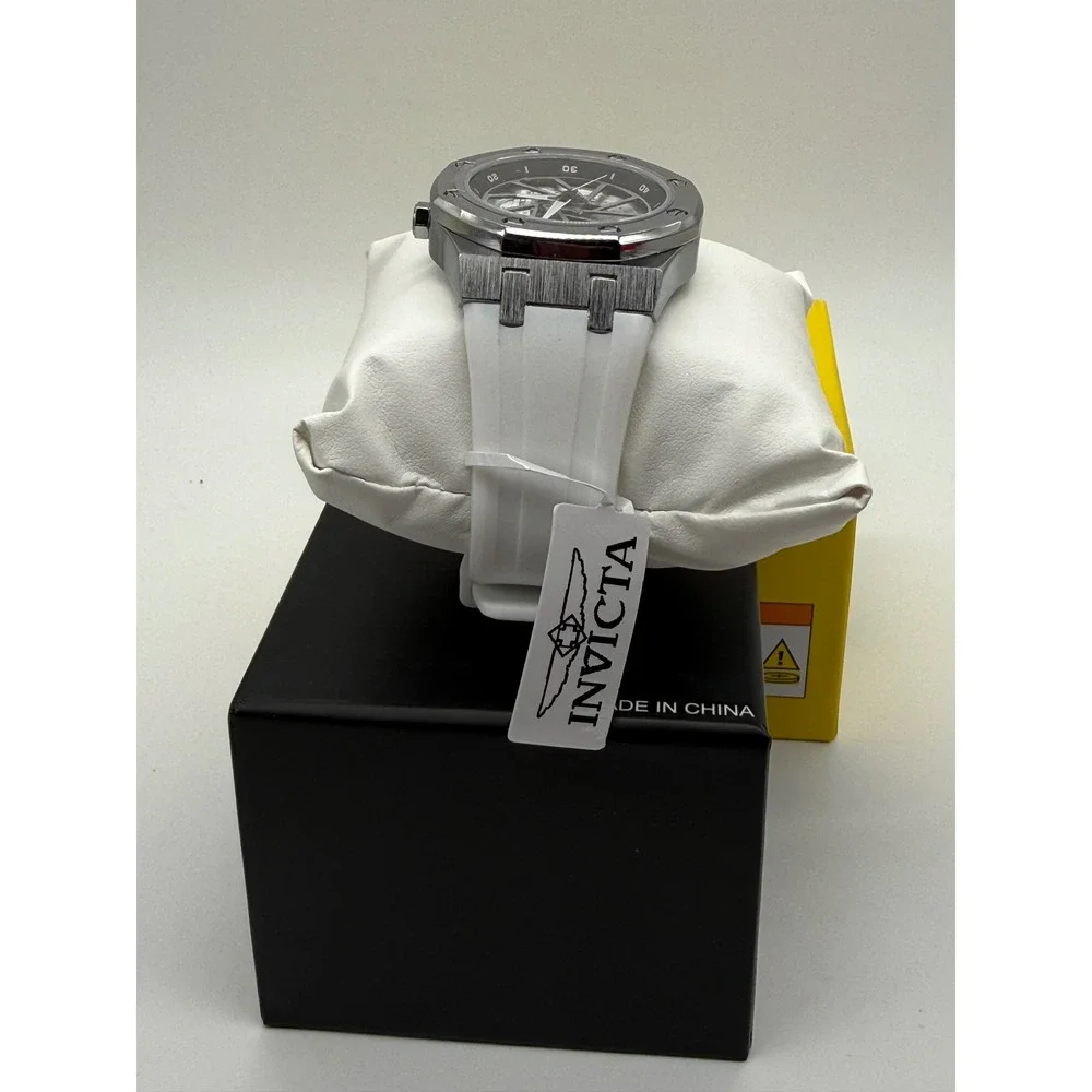 Invicta 70039 Men's Watch Silver Tone Skeleton Dial White Silicone Strap New Box